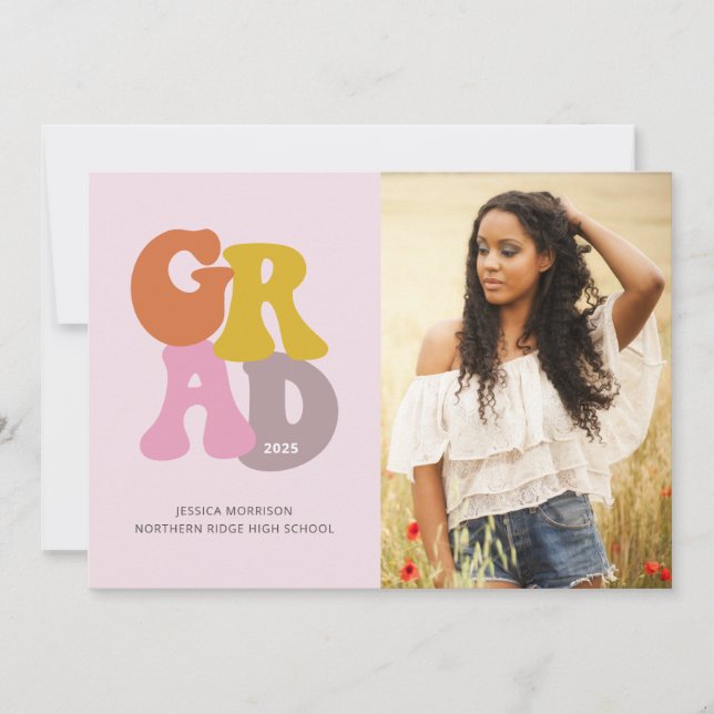 Pretty Retro 70s Pink Photo Graduation Party Invitation (Front)