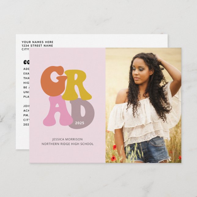 Pretty Retro 70s Pink Photo Graduation Postcard (Front/Back)