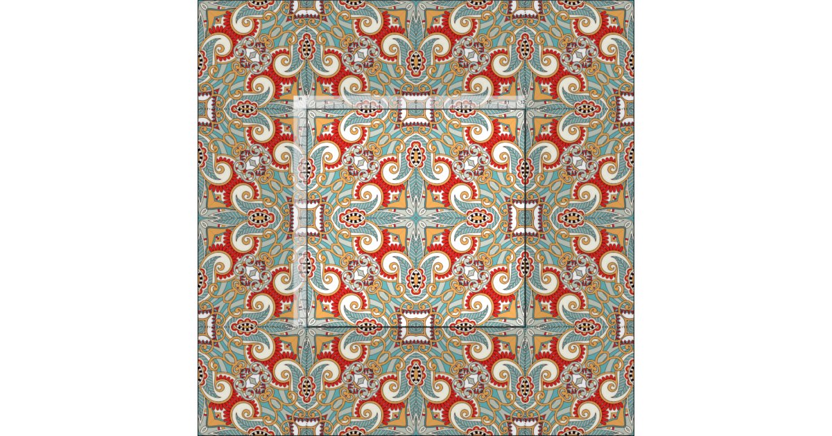 Pretty Retro Chic Red Teal Floral Mosaic Pattern Fabric ...
