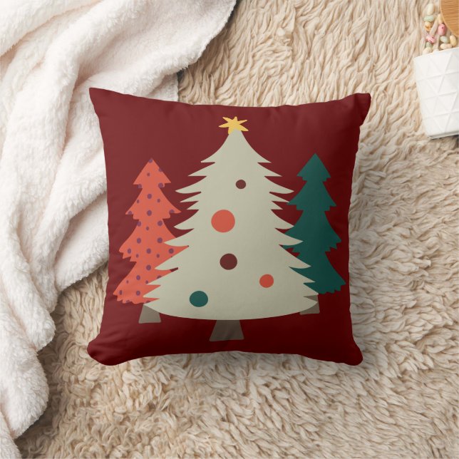 Pretty Retro Christmas Trees Burgundy Cushion (Blanket)