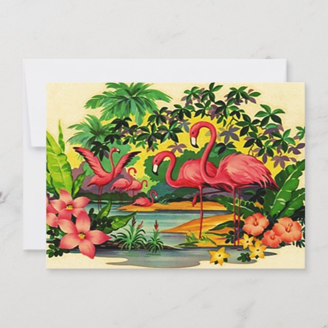 Pretty Retro Flamingos Pool Party Invitations (Front)
