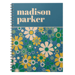 Pretty Retro Floral Personalised Blue and Green Notebook