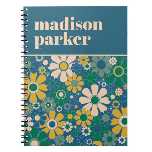 Pretty Retro Floral Personalised Blue and Green Notebook (Front)