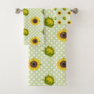 Pretty retro floral Sunflowers Green Yellow Cute Bath Towel Set