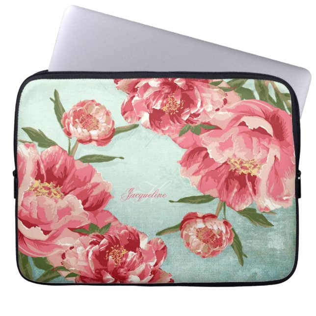 Pretty Retro Flower Chintz Peonies Personalised Laptop Sleeve (Front)