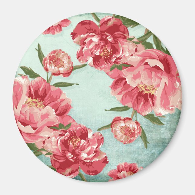 Pretty Retro Flower Chintz Peonies Personalised Magnet (Front)