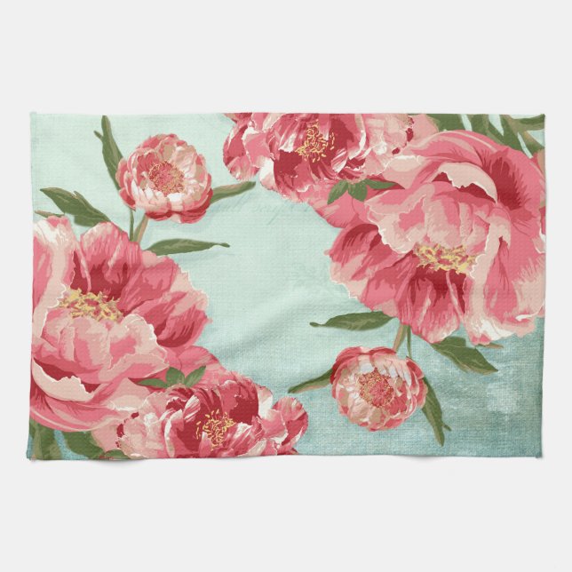 Pretty Retro Flower Chintz Peonies Personalised Tea Towel (Horizontal)