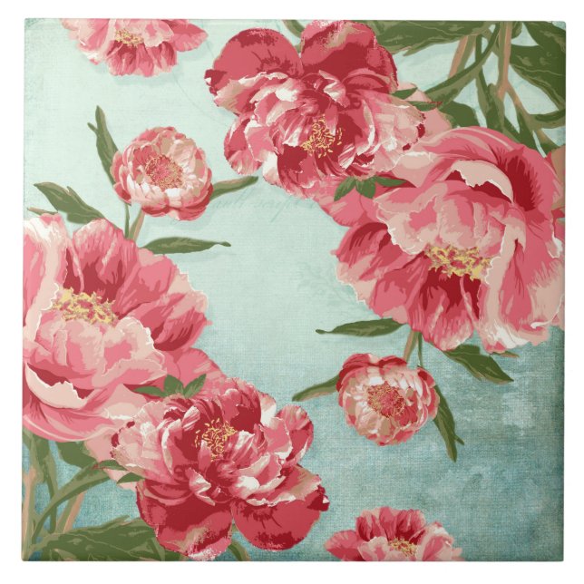 Pretty Retro Flower Chintz Peonies Personalised Tile (Front)
