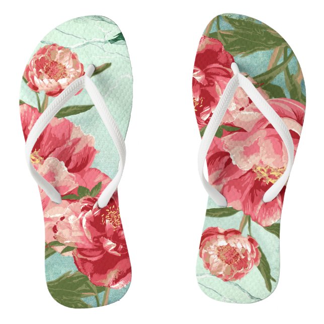 Pretty Retro Flower Fashion Chintz Peony n Bird Flip Flops (Footbed)