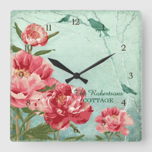 Pretty Retro Flower Home Decor Chintz Peony n Bird Square Wall Clock