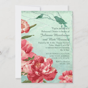 Pretty Retro Flower Rehearsal Dinner Peony & Birds Invitation