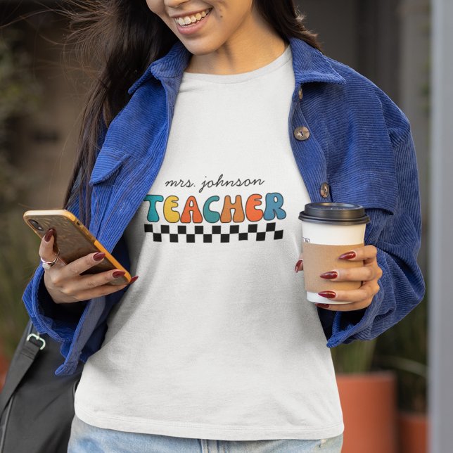 Pretty Retro Groovy & Chequered Teacher  T-Shirt (Creator Uploaded)