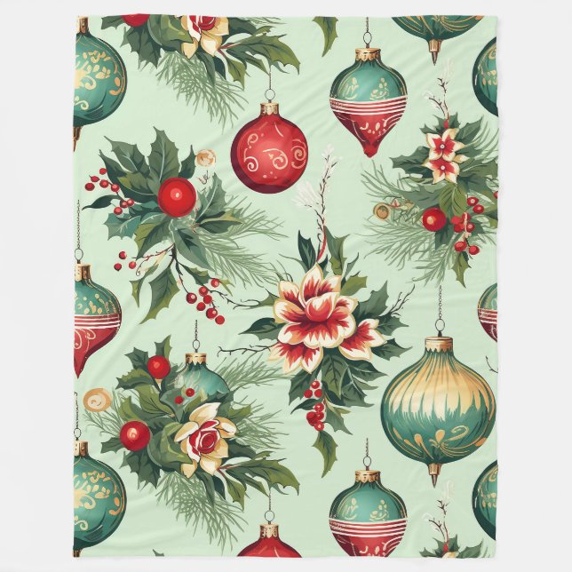 Pretty Retro Holiday Ornaments, Floral Christmas Fleece Blanket (Front)
