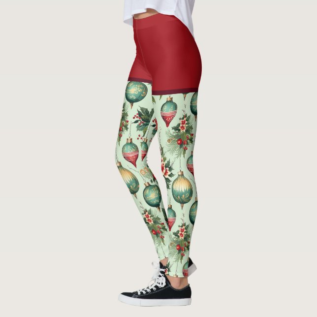 Pretty Retro Holiday Ornaments, Floral Christmas Leggings (Left)