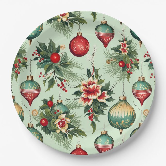 Pretty Retro Holiday Ornaments, Floral Christmas Paper Plate (Front)