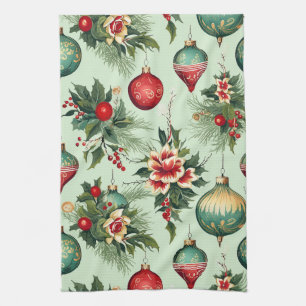 Pretty Retro Holiday Ornaments, Floral Christmas Tea Towel