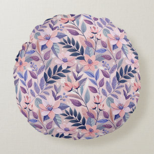 Pretty Retro Lilac Floral Illustration Round Cushion