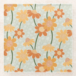 Pretty retro muted 1970s flowers glass coaster