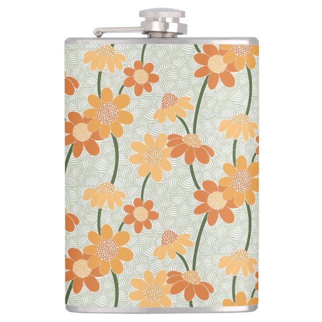 Pretty retro muted 1970s flowers hip flask (Front)