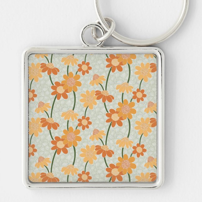 Pretty retro muted 1970s flowers key ring (Front)