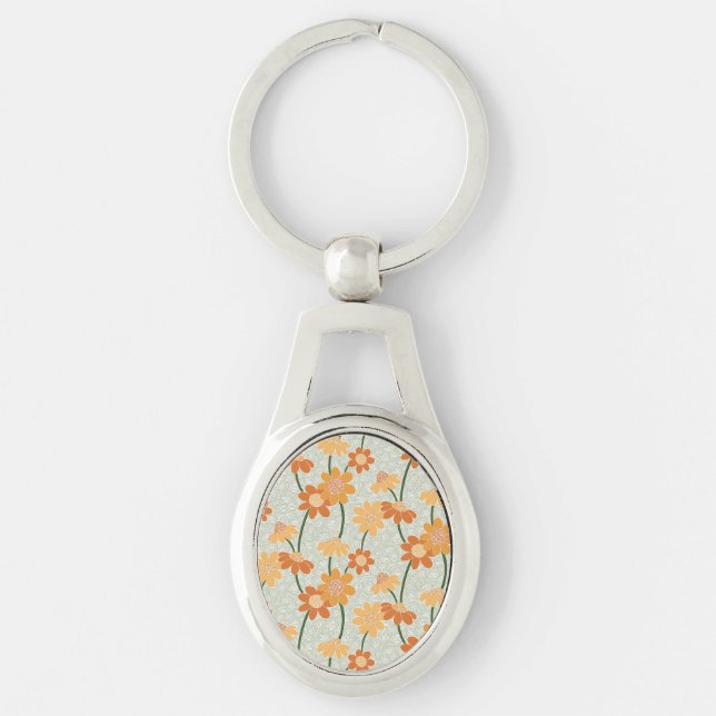 Pretty retro muted 1970s flowers key ring (Front)