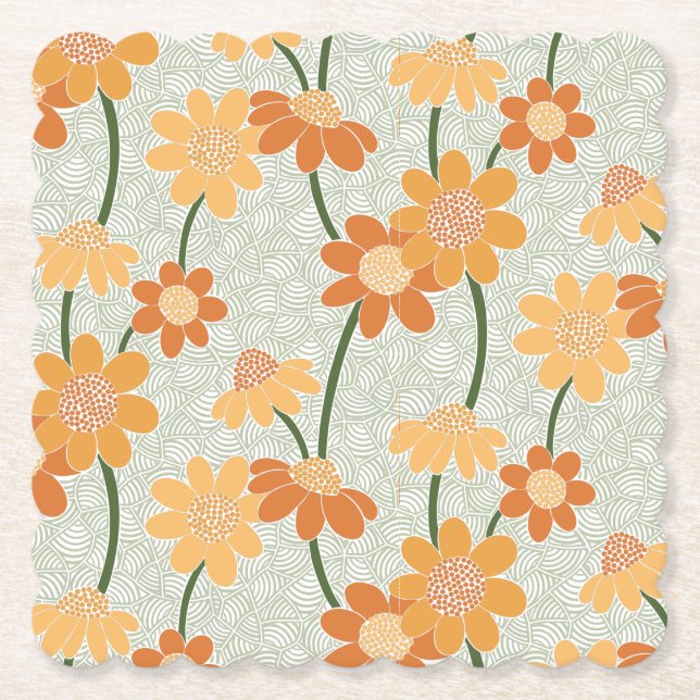 Pretty retro muted 1970s flowers paper coaster (Front)