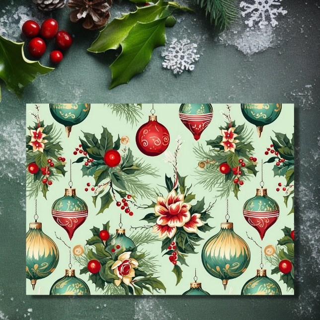 Pretty Retro Ornaments and Flowers Christmas Holiday Card (Front - Pretty Retro Ornaments and Flowers Christmas Holiday Card)