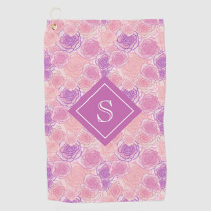 Pretty Retro Purple Rose Floral Monogram Golf Towel