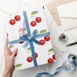 Pretty Retro Red Cherries On White Wrapping Paper