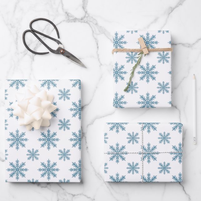 Pretty retro snowflake pattern blues watercolor wrapping paper sheet (Front)