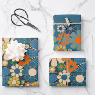 Pretty Retro Vintage Modern Floral Patterns Blue Wrapping Paper Sheet