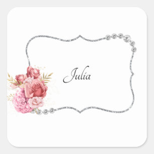 Pretty Rhinestone & Floral Frame Personalised Square Sticker