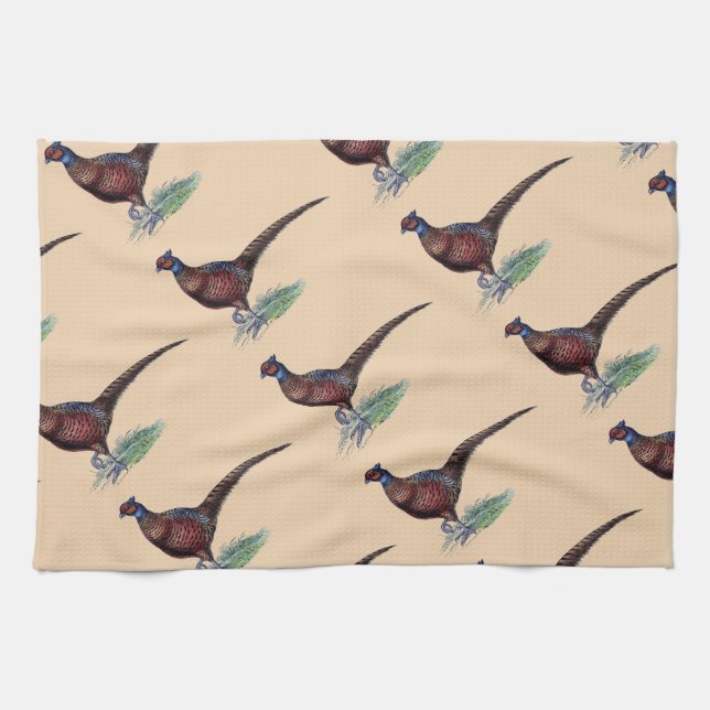 Pretty Ring Neck Pheasant Tan Tea Towel (Horizontal)
