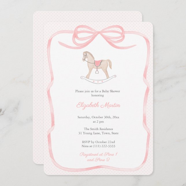 Pretty Rocking Horse Pink Bow Girl Baby Shower  Invitation (Front/Back)