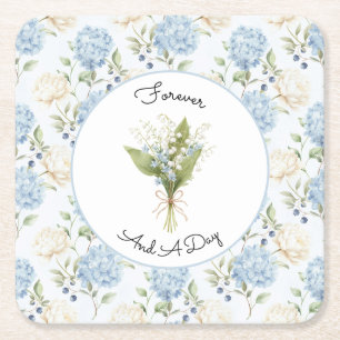 Pretty Romantic Blue Cream Floral Bridal Shower Square Paper Coaster