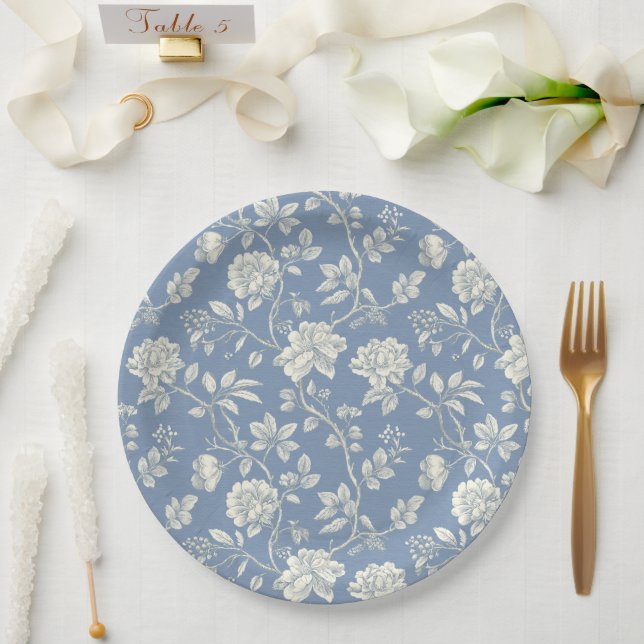 Pretty Romantic Blue Cream Flowers Bridal Shower Paper Plate (Wedding)