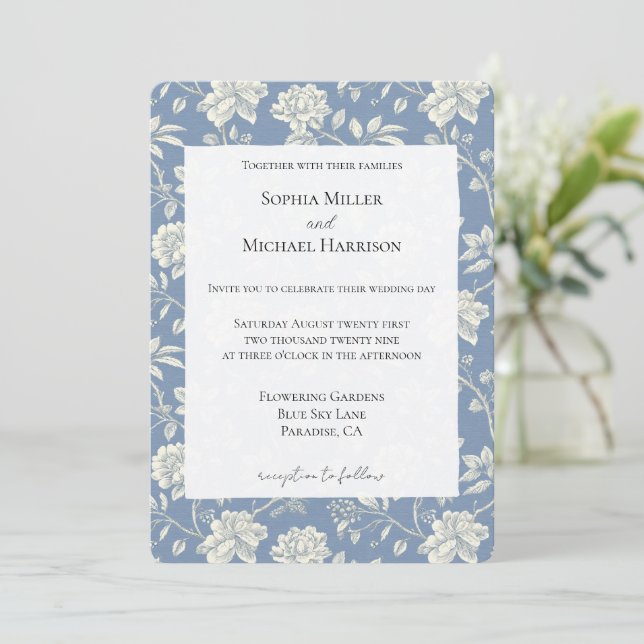 Pretty Romantic Blue Cream Flowers Wedding Invitation (Standing Front)