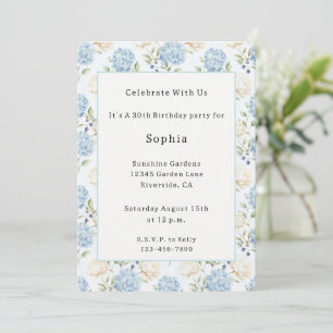 Pretty Romantic Blue Cream White Floral Birthday Invitation