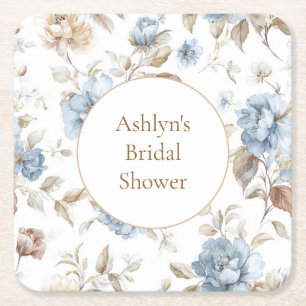 Pretty Romantic Blue Flowers Bridal Shower Square Paper Coaster