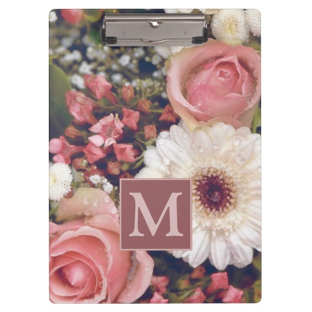 Pretty Romantic Flower Bouquet Monogram Clipboard (Front)