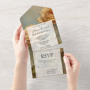 Pretty Romantic Peach Roses Floral Wedding All In One Invitation