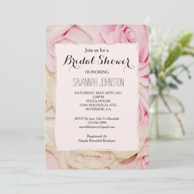 Pretty Romantic Pink Cream Roses bridal shower Invitation (Standing Front)