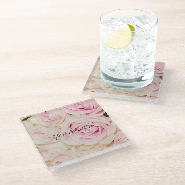 Pretty romantic pink cream roses glass coaster (Angled)