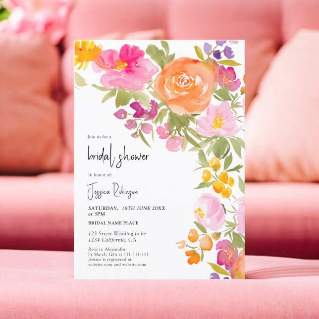 Pretty romantic pink summer floral bridal shower invitation (Pretty romantic pink summer floral bridal shower invitation)