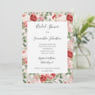 Pretty Romantic Red Pink Floral Bridal Shower Invitation