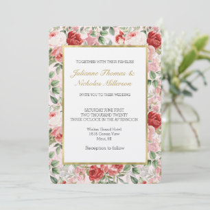 Pretty Romantic Red Pink White Flowers Wedding Invitation