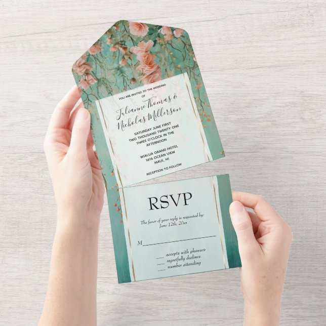 Pretty Romantic Teal Blush Peach Flowers Wedding All In One Invitation (Tearaway)