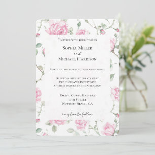 Pretty Romantic White Pink Roses Floral Wedding Invitation