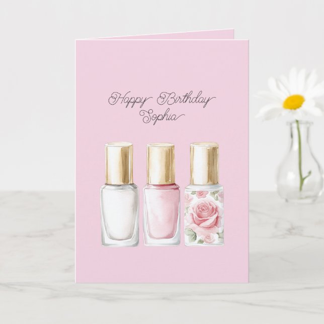 Pretty Rose Blush Pink Floral Nail Polish Birthday Card (Small Plant)