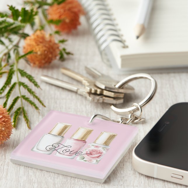 Pretty Rose Blush Pink Floral Nail Polish Key Ring (Front Right)